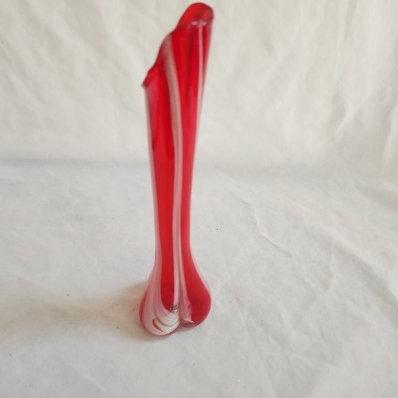 Vintage Swung Art Glass Red Vase w/ White Stripes - Picture 8 of 13